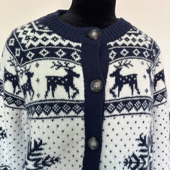 Old Navy Snowflake Reindeer Christmas Fair Isle Navy Cardigan - Picture 2 of 5